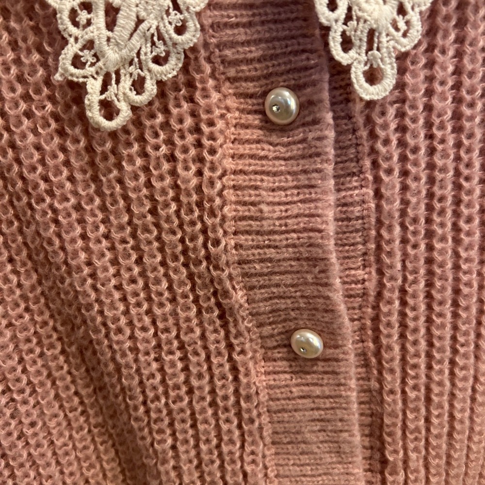 Pink Cropped Cardigan Pearl Button Lace Collar Coquette Cottagecore Womens Small - Picture 5 of 5